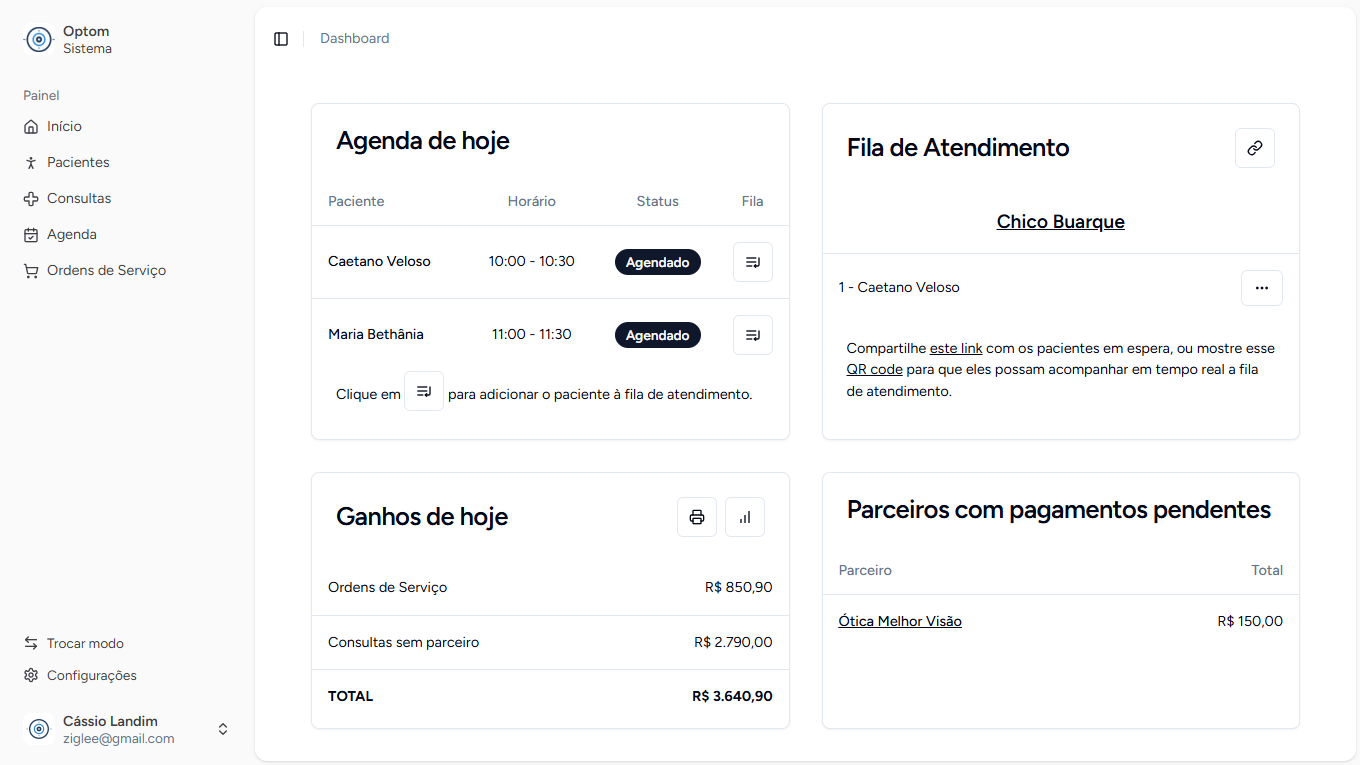 Dashboard do sistema Optom
