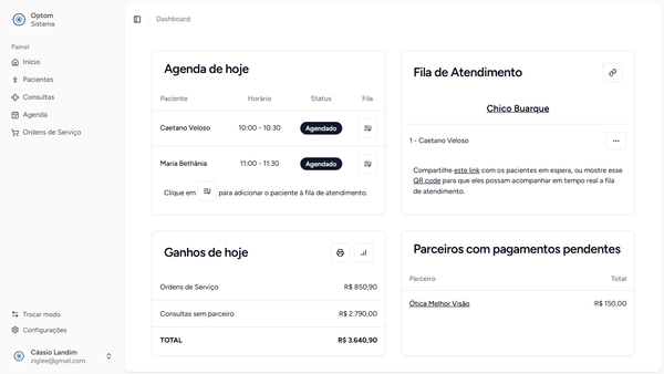 Dashboard do sistema Optom